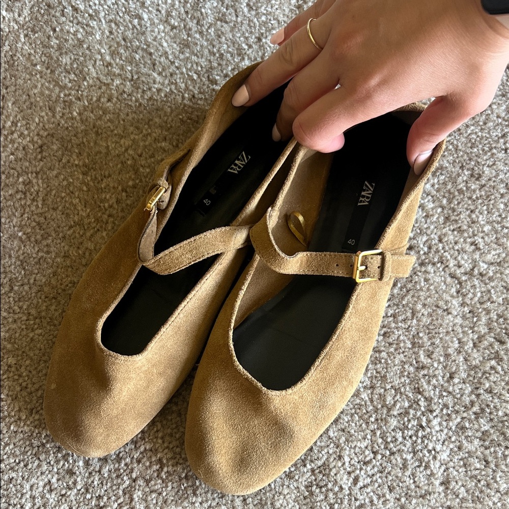 ZARA Camel Suede Mary Jane Flats with Gold Buckle